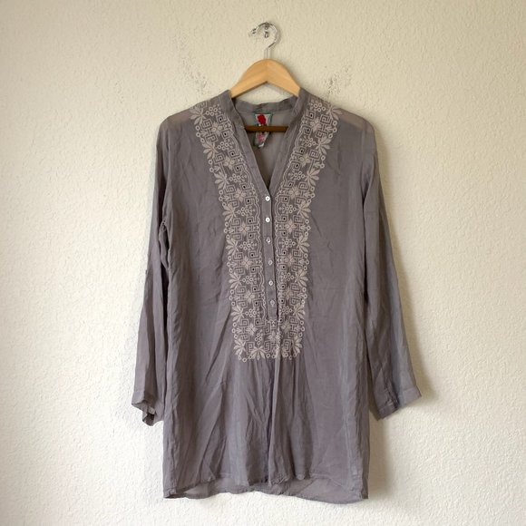 JOHNNY WAS Sheer Embroidered V-Neck Tunic Blouse Button - Picture 1 of 7